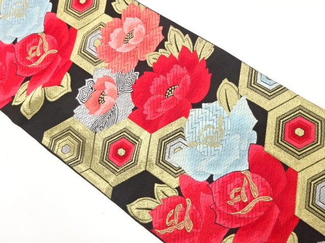 アンティーク　薔薇に重ね亀甲模様織り出し袋帯（材料）